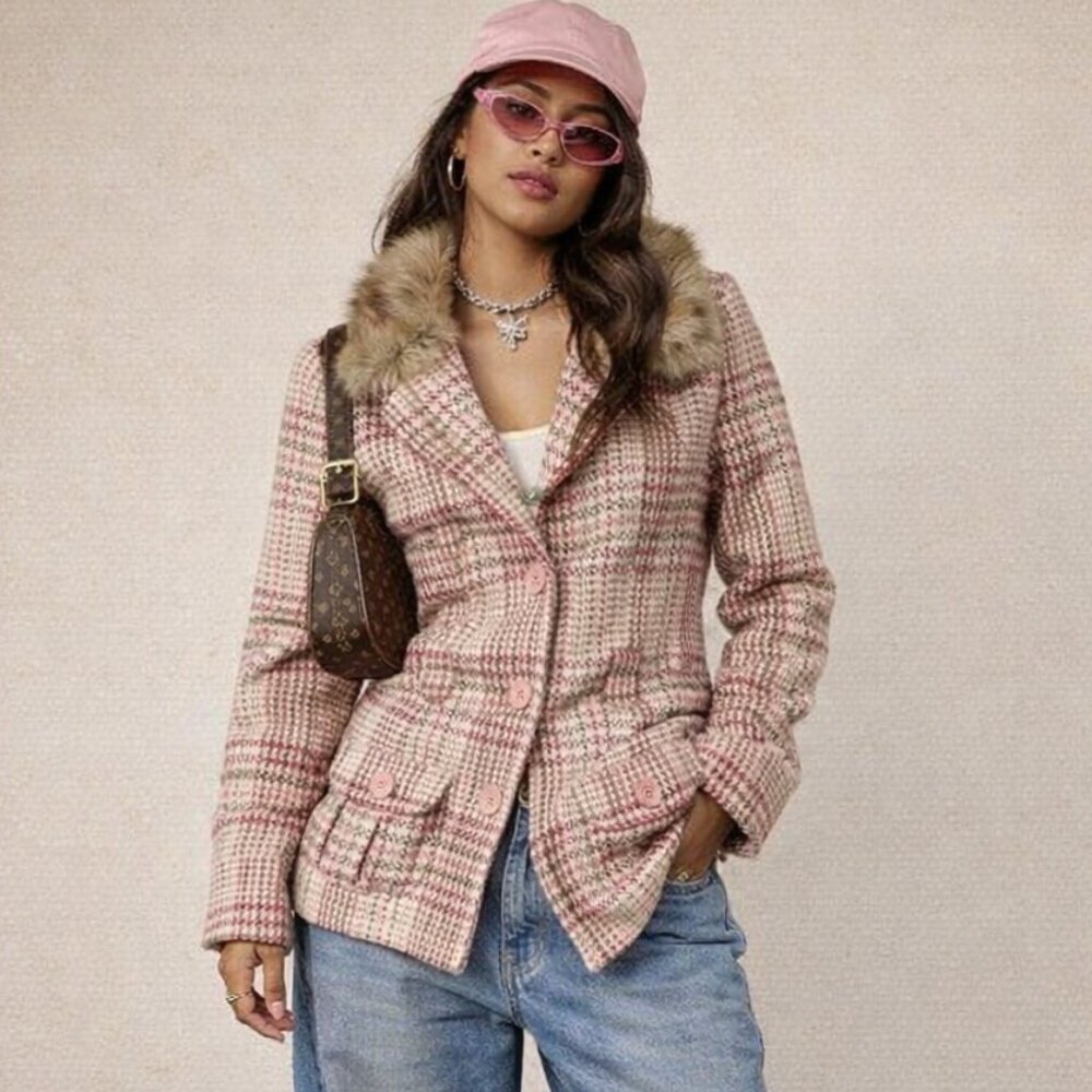 Vintage Y2K Hollister Co Penny Lane Coat Jacket Wool Blend Woven Plaid 70s Retro